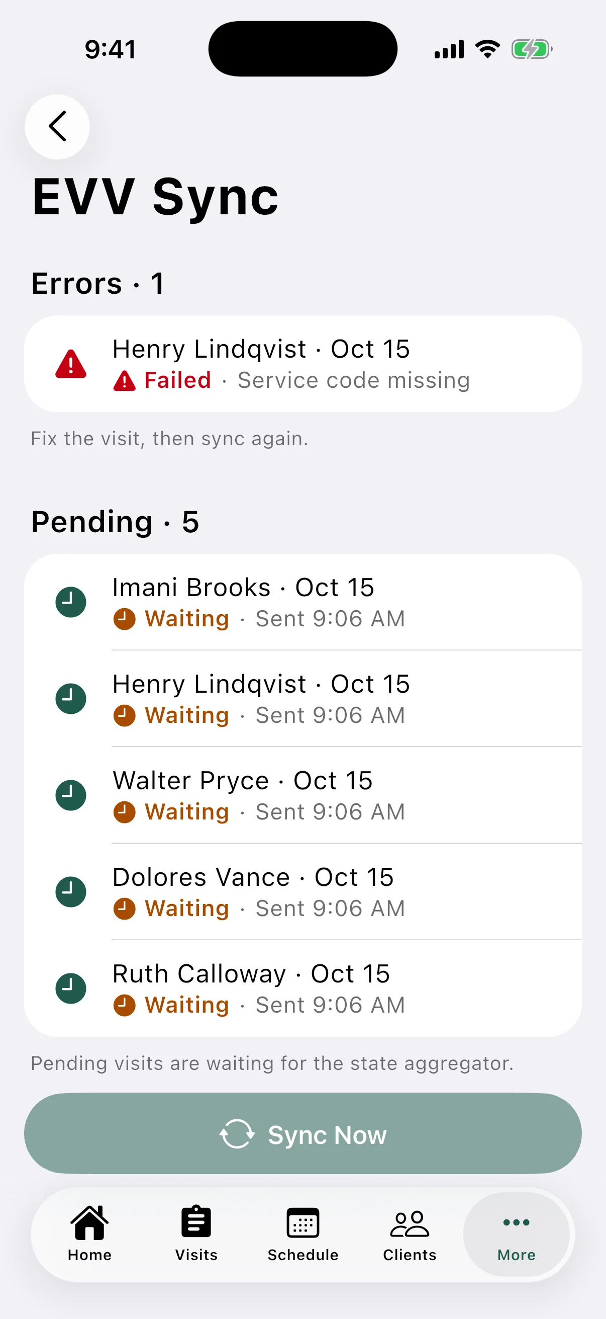 EVV Sync on iPhone with one failed visit and five pending visits