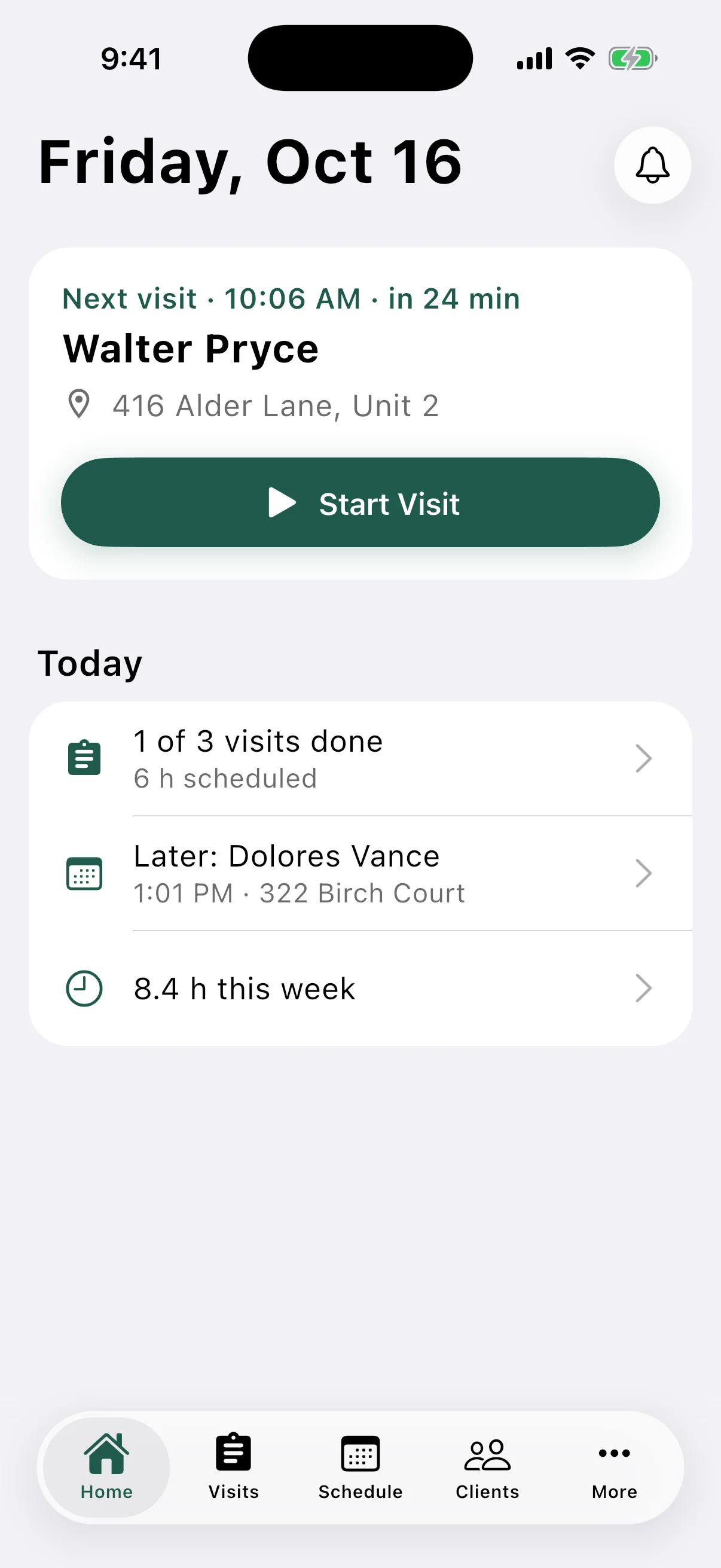 CareYeti on iPhone: the caregiver Home with the next visit and a Start Visit button